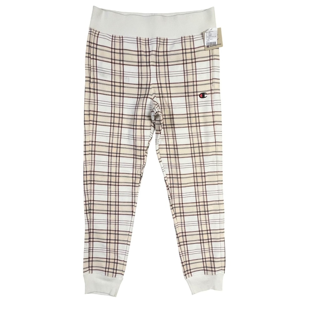 Champion Reverse Weave Joggers Large Cream Burgundy Plaid Fleece Sweatpants New